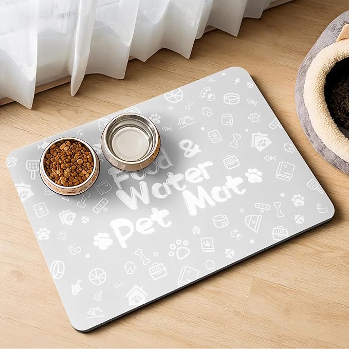 Pet Feeding Mat,Dog Cat Mat for Food and Water,Dog Bowl Waterproof Placemat with Rubber Backing,Absorbent Quick Dry Water Dispenser Mat for Pet（Light Gray 17"×29"）