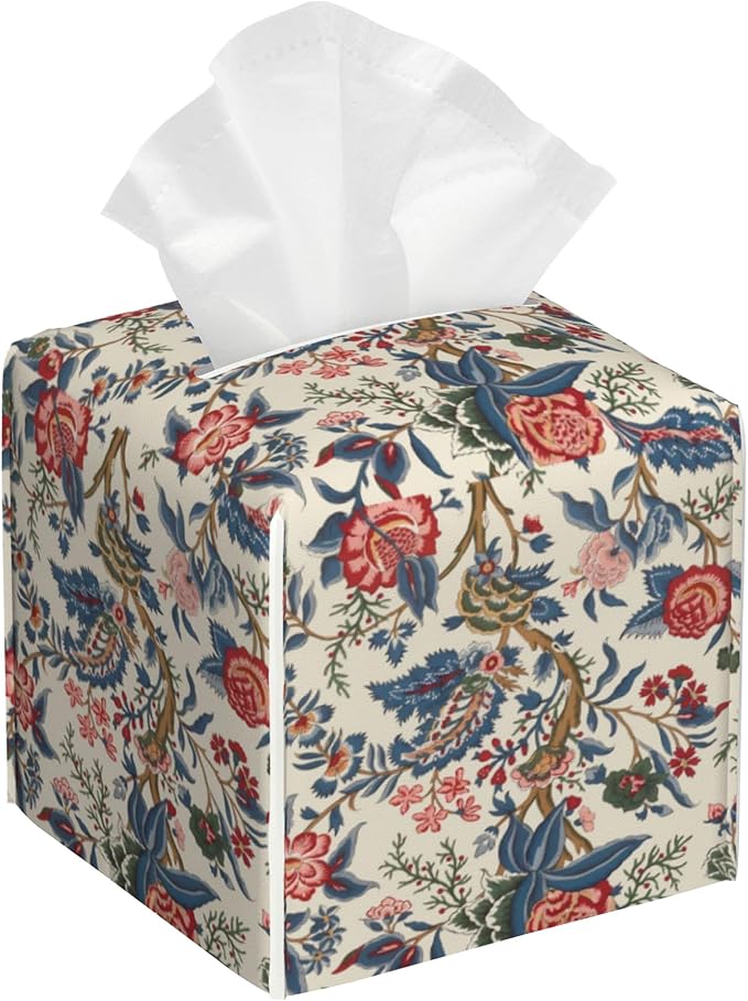 Geometric Colored Indian Flowers Tissue Box Cover,Red Boho Floral Waterproof Leather Square Tissue Box Cover Case Facial Paper Organizer Dispenser Box Holder for Home Office Bathroom Vanity Countertop