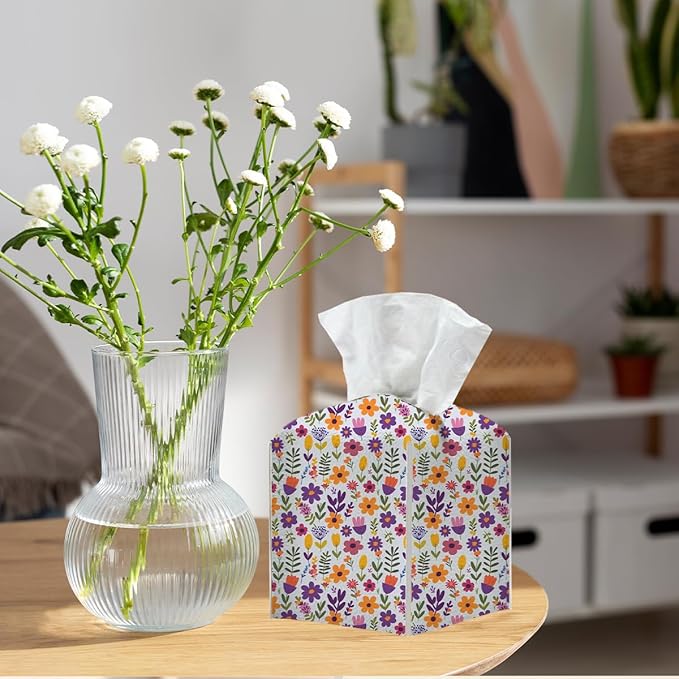 Tissue Box Cover, Tissue Box Holder, Square with Belt Bottom, PU Leather Decorative Organizer for Desk, Tabletop, Countertop Bathroom, Toilet Car, Office, Dresser Bedside, Aesthetic Plant Flower Decor