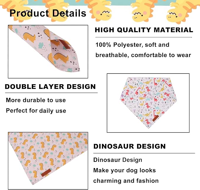 ADOGGYGO Dinosaur Dog Bandanas, Colorful Dino Pattern Pet Scarf, Premium Soft Fabric, Adjustable Fit Dinosaur Bandanas for Medium Large Dogs (Large)