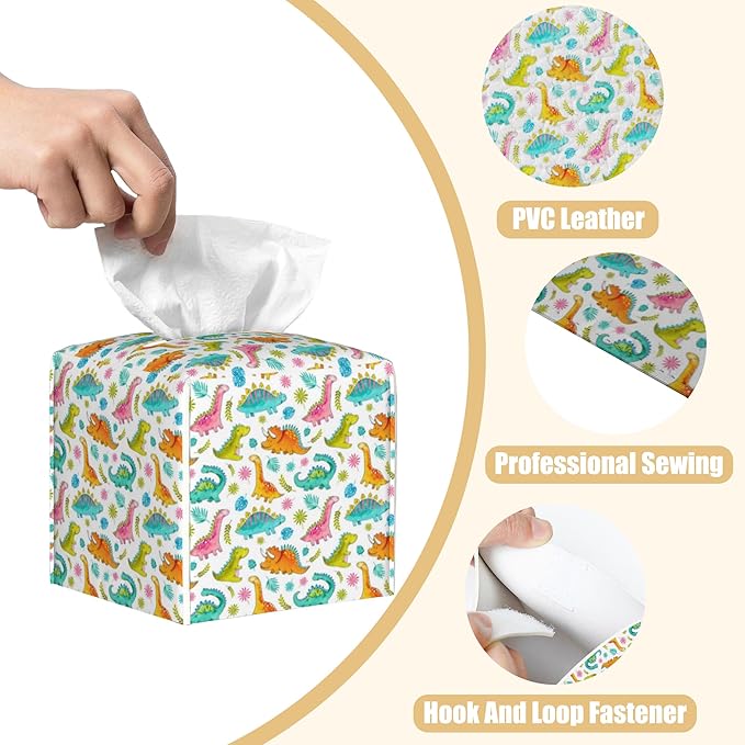 BLYKVGHQ Leather Tissue Box Holder Cartoon Dinosaurs Tissue Box Cover Facial Paper Case Organizer Cube Napkin Dispenser for Bathroom Vanity Countertop Night Stand Office Car