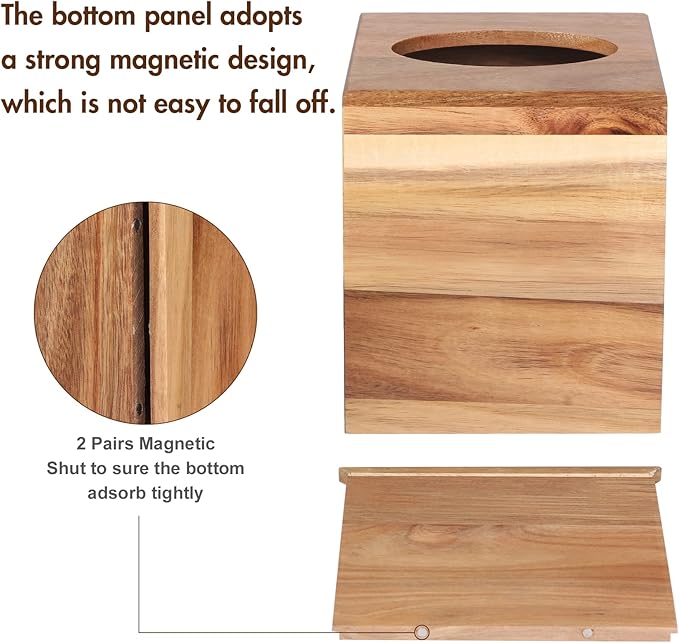 Reviaras Tissue Box Cover, Acacia Wood Square Tissue Box Holder with Slide-Out Bottom for Bathroom, Bedroom, Dinner Table, Office