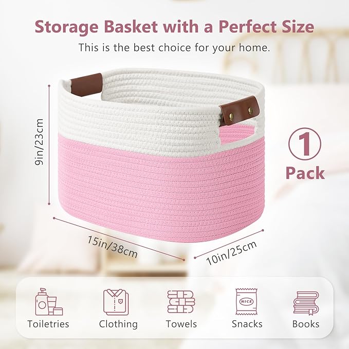 ECDYQXVU Cotton Rope Basket, Storage Baskets with Handle, 15x10x9 Inch Woven Basket for Shelves, Laundry, Towels, Clothes, Books (White/Pink 1Pack)