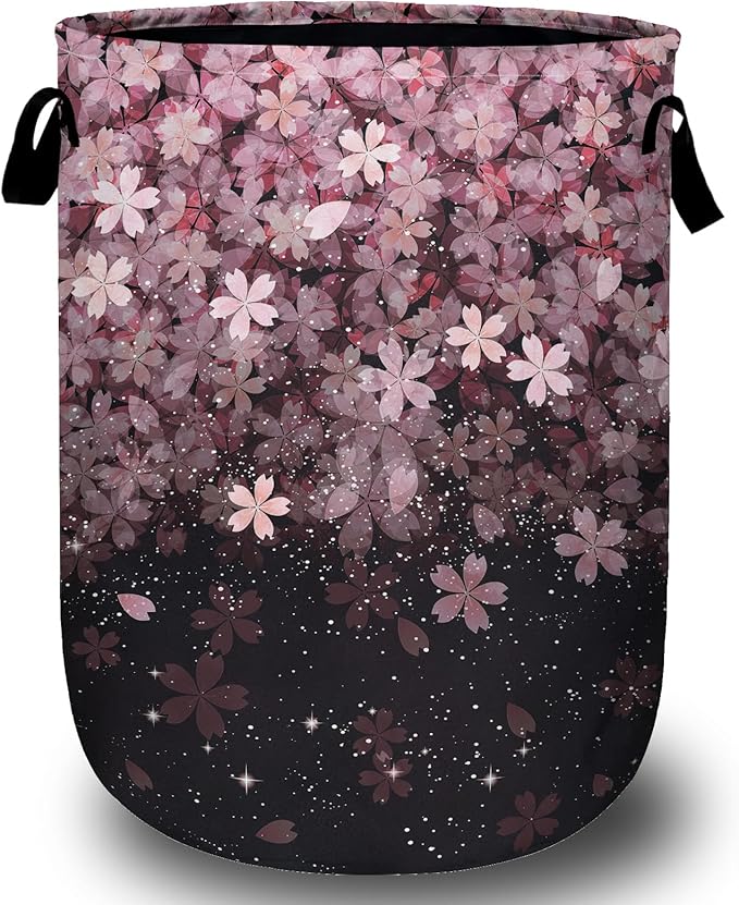 Pink Cherry Blossom Laundry Basket with Sturdy Handles, Glitter Flower Collapsible Oxford Cloth Laundry Hamper Organizer Basket for Bathroom Bedroom 15.7x20 Inch
