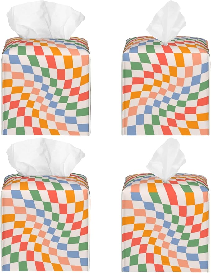 POIUBLE Tissue Box Holder Wavy Checkerboard Tissue Box Cover Square Leather Tissue Holder Organizer Portable Decorative Facial Paper Case for Home Office Bathroom Vanity Countertop