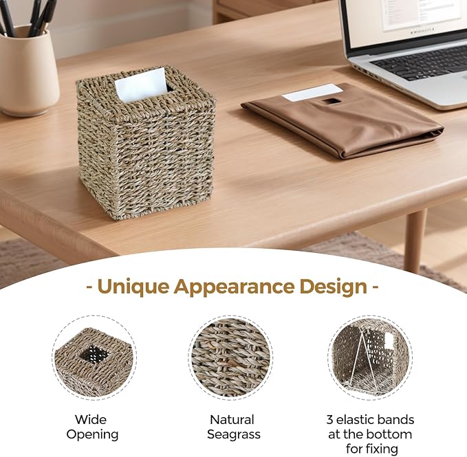 KALEKAIL Seagrass Tissue Box Cover, Wicker Tissue Box Holder Square, Boho Decorative Woven Tissue Cover Facial Cube Tissue Holders for Bathroom Living Room Kitchen, Natural