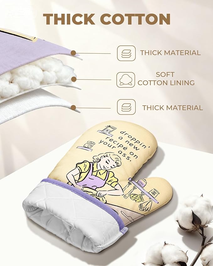 Slohif Funny Oven Mitt Heat Resistant for Women - 2 Pack Purple Cute Novelty Cool Kitchen Oven Mittens with 100% Cotton for Baking and Cooking Accessories