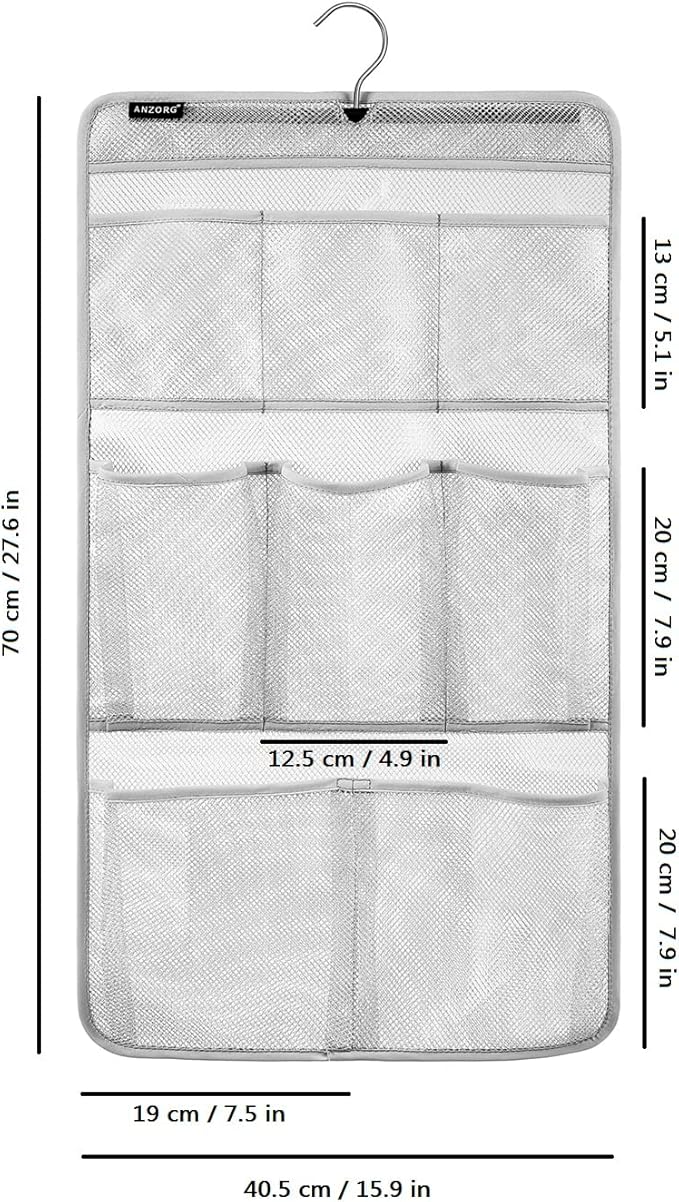 ANZORG Mesh Shower Organizer Hanging Caddy Quick Dry Bathroom Storage for Toiletry Accessories with Rotating Hanger (8 Pockets)