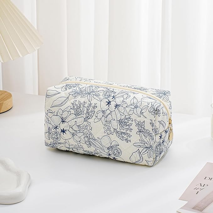 Gleyemor Small Quilted Makeup Bag for Women, Cute Floral Bow Cosmetic Bag, Emergency Bag Travel Toiletry Cotton Pouch Gifts for Girls Her Mom Friend Sister Bridesmaid (Navy Floral)