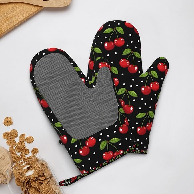 Heat Resistant Oven Mitts 2 Pack, 500°F Silicone Oven Gloves with Non-Slip Grip, Soft Quilted Cotton Lining for Baking, Grilling, BBQ, Cooking (Cherry)