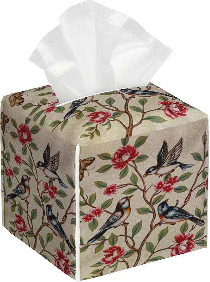 Pink Floral Butterfly and Bird Tissue Box Cover Square Leather Tissue Holder Waterproof Facial Paper Organizer Dispenser Cube Paper Cover Case for Home Office Bathroom Vanity Countertop