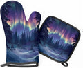 Northern Lights Oven Mitts and Pot Holder Set of 2, Kitchen Heat Insulation Pads Non-Slip Potholders Baking Gloves for BBQ Cooking Baking