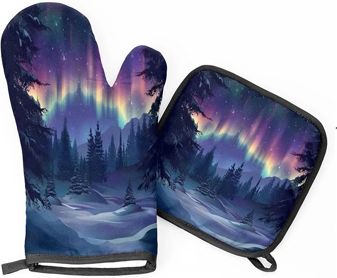 Northern Lights Oven Mitts and Pot Holder Set of 2, Kitchen Heat Insulation Pads Non-Slip Potholders Baking Gloves for BBQ Cooking Baking