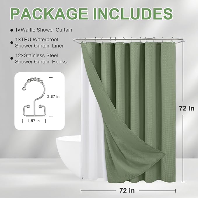 ROLIZOE 3-in-1 Waffle Texture Shower Curtain Set with TPU-Coated Waterproof Liner and 12 Upgraded Double-Sided Hooks, Well-Matched Sizes for a Seamless Fit – Green, 72" x 72"