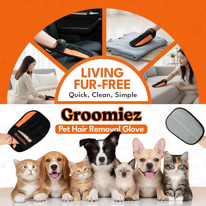 Groomiez 2 PCS Pet Hair Removal Gloves Set with Storage Bag – Electrostatic Dog & Cat Fur Remover Mitt for Furniture, Couch, Clothes & Car – Reusable & Washable Hair Cleaning Gloves