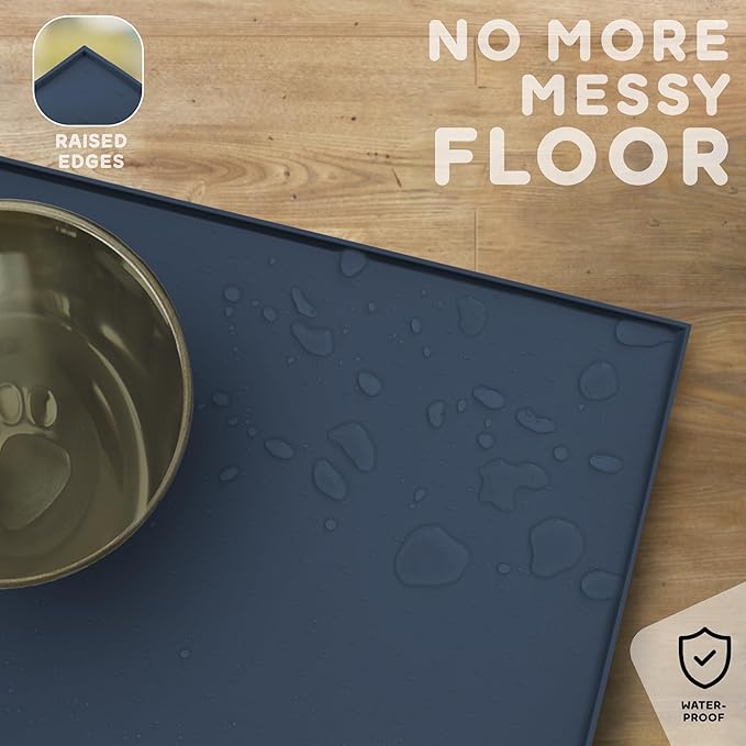 PetHappily Dog Food Mat - Raised Edges Dogs Mat for Food and Water Prevent Spill, Waterproof Cat Food Mats Protect Floors, Easy Clean Dog Bowl Mats for Food and Water, Silicone Pet Food Tray