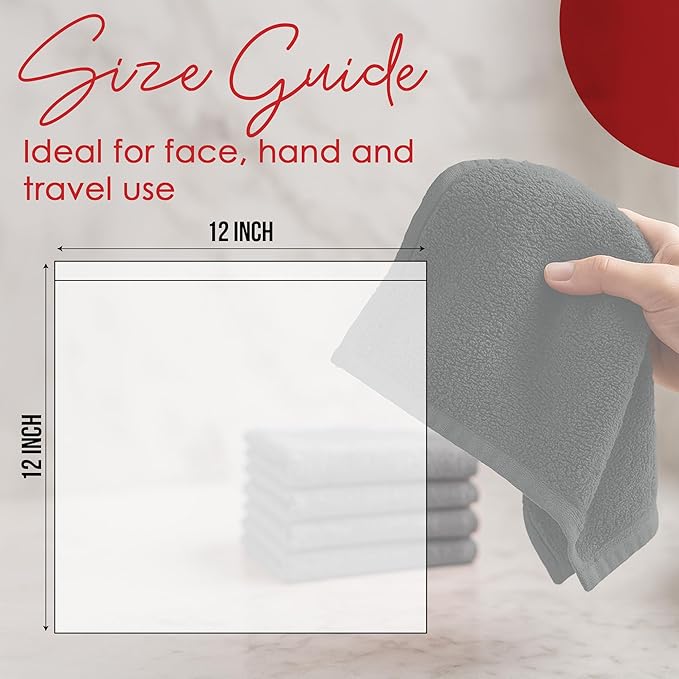 RIVERSIDE 12 Pack Washcloths - 12x12 Inches, 500 GSM, 100% Ring-Spun Cotton - Soft, Absorbent & Durable Face and Body Towels - for Bathroom, Spa, Gym, Makeup Removal & Everyday Use - Grey