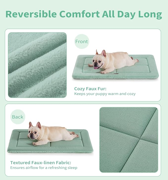 MADE 4 PETS Dog Crate Pad Bed for Medium Dogs, Washable & Reversible, Anti-Slip Kennel Mat for Cozy Sleeping, Soft Fluffy Dog Bed for Indoor & Outdoor Use, 29"x21", Green
