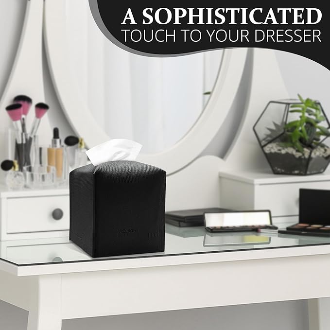 Tissue Box Cover, PU Leather Tissue Box Holder with Bottom Belt, Modern Square Tissue Box Covers with Wide Opening (Black, Woven Patterns)