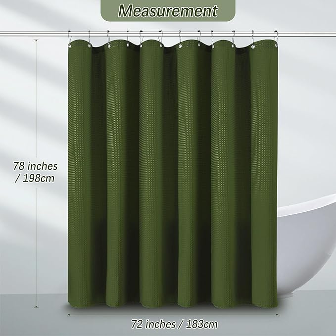 PANGSINNE Green Shower Curtain for Bathroom Waffle Textured Heavy Duty 78 Inch Shower Curtain Set for Bathroom, Water Repellent 256GSM Neutral Fabric Shower Curtains with 12 Metal Hooks, 72Wx78H