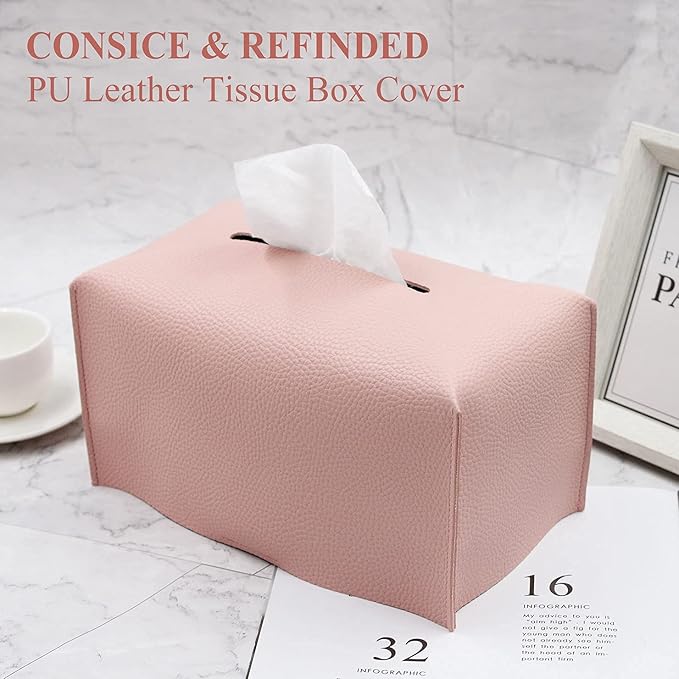 Livelab Tissue Box Cover, Modern Decorative PU Leather Rectangular Tissue Box Case Organizer Holder for Vanity Countertop, Night Stands, Livingroom, Office Desk & Car 9.5X5X5'' | Pink