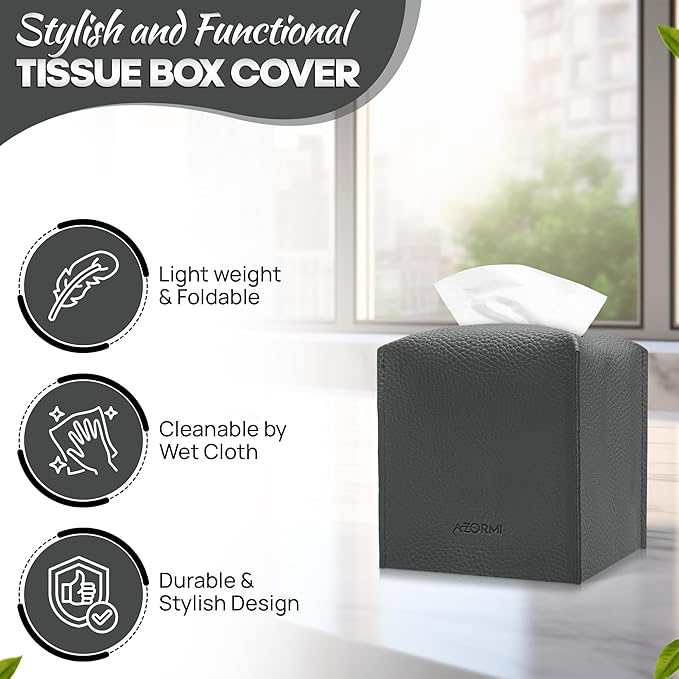 Tissue Box Cover Holder, PU Leather Tissue Box Cover Square with Bottom Belt, Cube Tissue Holder for Bathroom, Modern Organizer for Car, Office, Tabletop (Charcoal, 14 Leather Patterns)