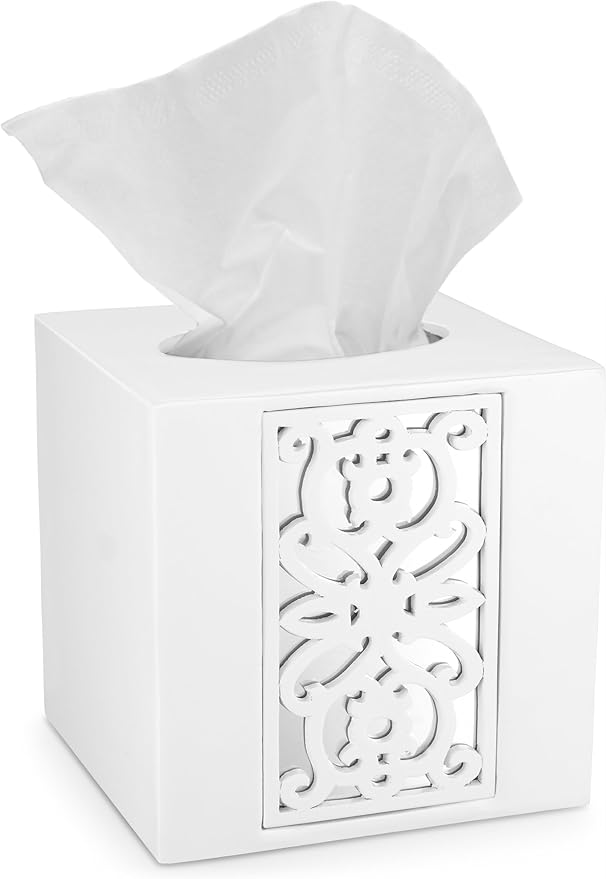 Creative Scents Mirror Janette White Tissue Box Cover Square - Decorative Square Tissue Box Holder for Bathroom with Durable Bottom Slider - Beautiful Mirrored Tissue Holder for Bathroom