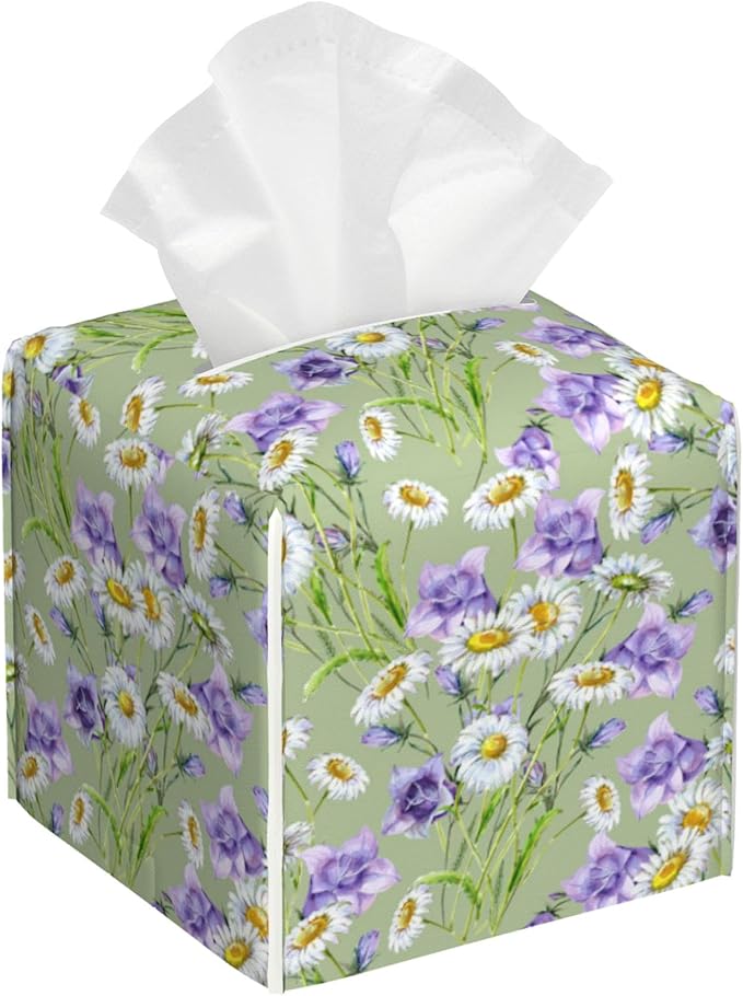 BLYKVGHQ Square Tissue Box Cover Chamomiles and Bell Flowers Tissue Box Holder Facial Cube Paper Dispenser Leather Decorative Organizer Home Office Desk Decor, 5.2"x5.2"x5.2"