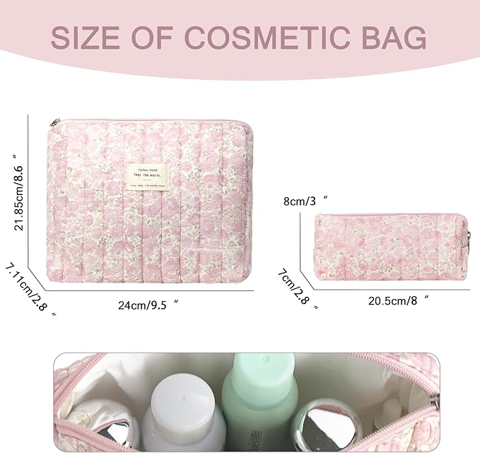 Gosect 2PC Makeup Bag Set, Cute Cosmetic Bag for Women Girls, Floral Coquette Aesthetic Toiletry Bag, Travel Make Up Organizer Bag (Pink Rose)