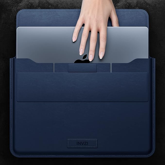 INVZI MacBook Sleeve, Vegan Leather Bag Compatible with 13”/14" MacBook Air, MacBook Pro M1/M2 2018-2022, Compact Design with Invisible Stand (Midnight Blue)