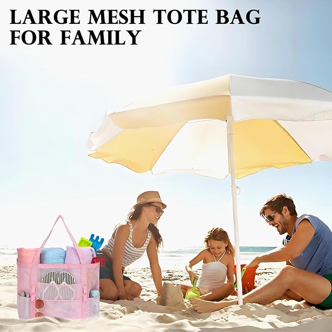 Fammart Mesh Beach Bag, Large Beach Tote with Zipper Pocket for Family Pool Bag for Toys & Vacation Essentials