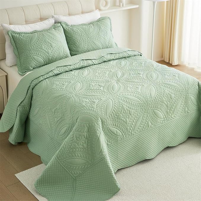 Cmfshape King Bedspread 106"x96",3 Piece King Quilt with 2 Shams,Lightweight Green Quilt Set for All Season,Modern Coin Pattern Bedding Set