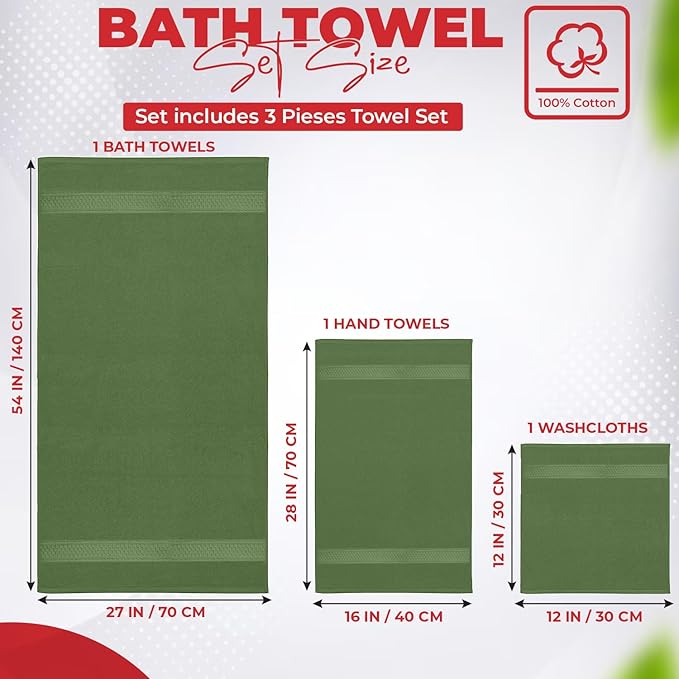 RIVERSIDE 3-Piece Towel Set, 1 Bath Towel, 1 Hand Towel, 1 Washcloth, 550 GSM Ring Spun Cotton, Soft, Quick Dry, Absorbent Bathroom Towels for Home, Gym, Spa, Sage Green