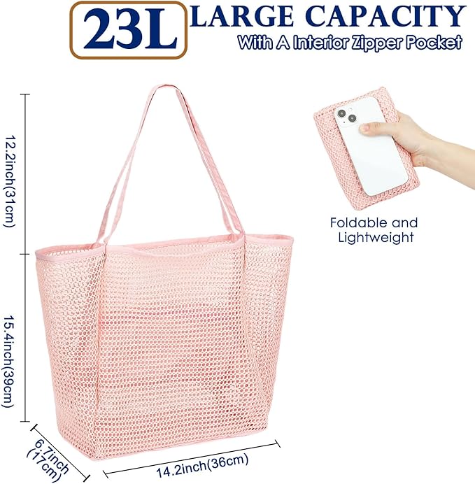 Fammart Mesh Beach Bag, Large Beach Tote with Zipper Pocket for Family Pool Bag for Toys & Vacation Essentials