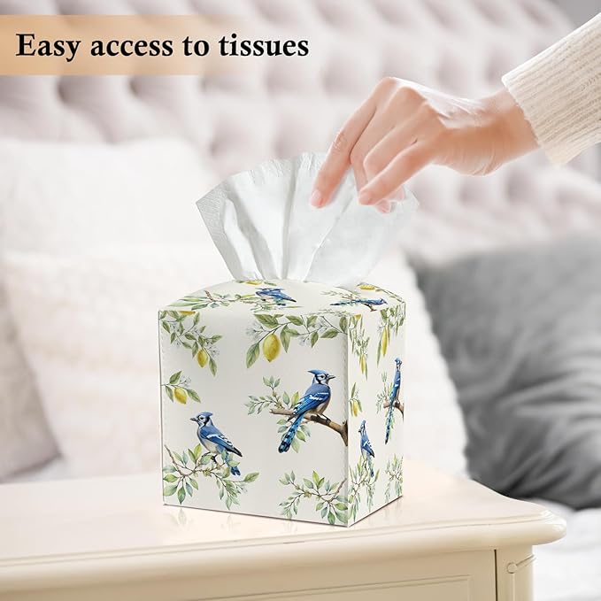 Blue Bird and Lemon Tissue Box Covers Square, Leather Tissue Box Holders Decorative for Car Nightstand Home Office Bathroom Organizer, Square Facial Paper Organizer Home Decor -013