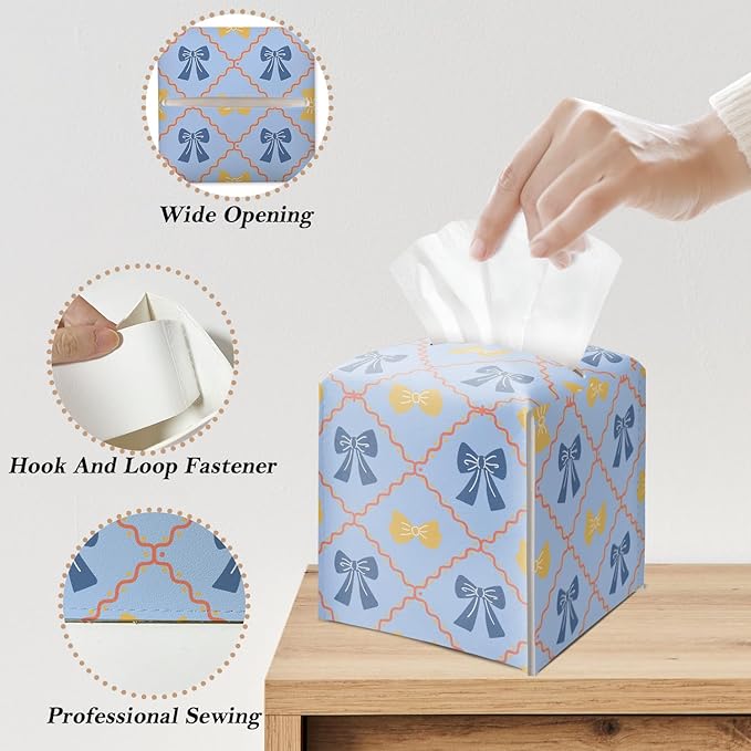 Blue Gingham Bow Tissue Box Cover Square, Vintage Leather Tissue Holder with Bottom Belt, for Nightstands Desks Office Bathroom Car Vanity Home Decor Supplies -007