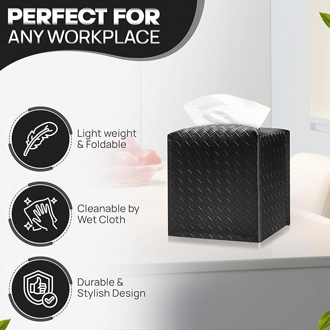 Tissue Box Cover Holder, PU Leather Tissue Box Cover with Braided Pattern, Square Tissue Holder with Bottom Belt, Modern Organizer for Bathroom, Car, Office, Tabletop(Black., 12 Braided Patterns)