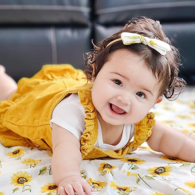 LifeTree Baby Muslin Swaddle Blankets for Boys & Girls, Newborn Swaddle Set with Matching Headband Bow, Infant Blanket Wrap, 47 x 47 inches, Sunflowers, 70% Viscose from Bamboo and 30% Cotton