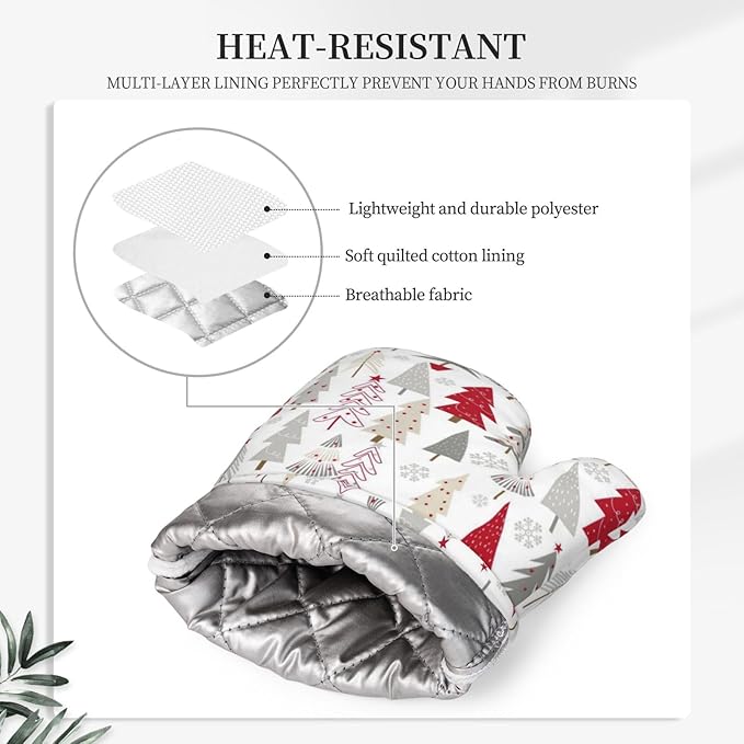 Christmas Tree Oven Mitts and Pot Holders Set, 4pcs Silicone Grey Beige Red Christmas Tree Oven Glove for Kitchen Heat Resistant Stars Snowflake Oven Mitts and Potholders Non-Slip for BBQ