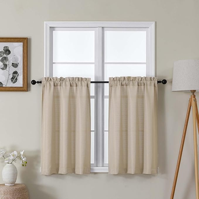 Lecloud Bessie Kitchen Curtains 36 Inch Length 2 Pcs, Faux Linen Slub Textured Light-Filtering Short Curtains for Small Windows,Small Curtain for Bathroom Basement, Each 30 W x 36 L, Linen Color