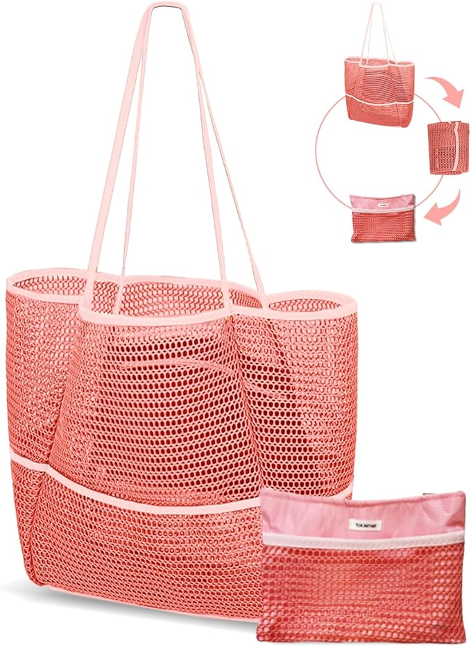ToKismet Mesh Beach Tote Bag Packable,2026 New 2-in-1 Large Lightweight Foldable Beach Bags with Multiple Pockets for Women