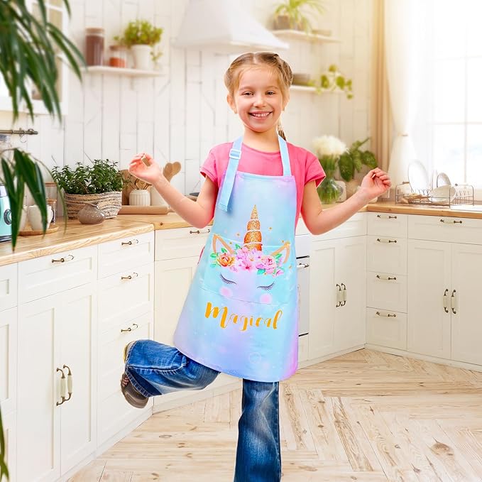 Sylfairy Aprons for Kids Girls Rainbow Unicorn Apron Children Kitchen Chef Aprons Smock (Unicorn B, Medium,6-12Years)