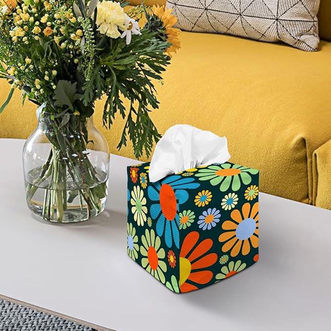 Tissue Box Cover Square Decorative Tissue Box Holder Cute Funny Cube Tissue Case Cover-Hippie Flower Tissue Box Cover