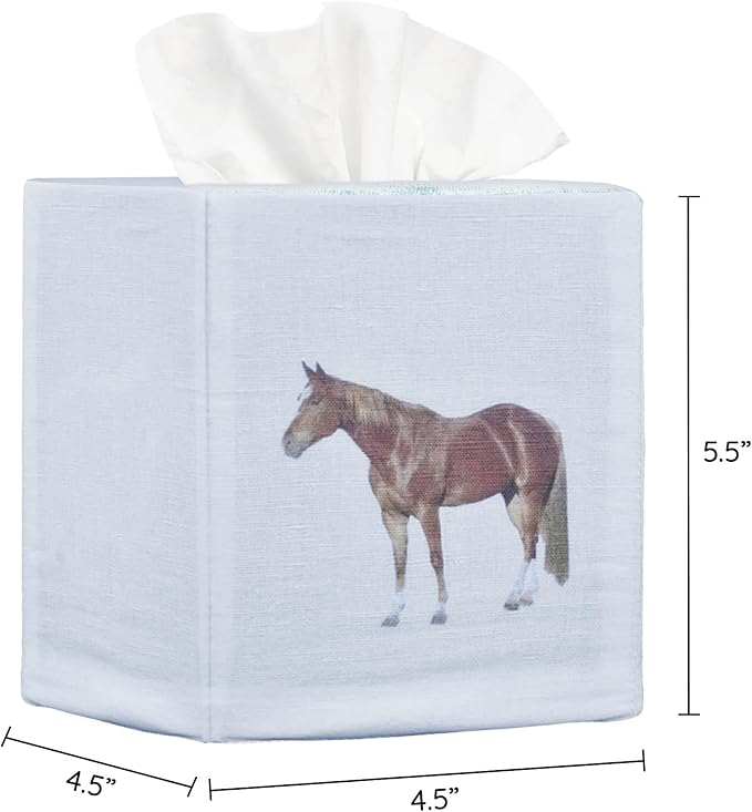 EmbroideryLinen.VN Tissue Box Cover Set of 2, Square Linen Tissue Holder, Printed Animal Pattern, 4.5x4.5x5.5 Inches, Decorative Holder for Bathroom, Living Room, Office (Horse - Ivory)