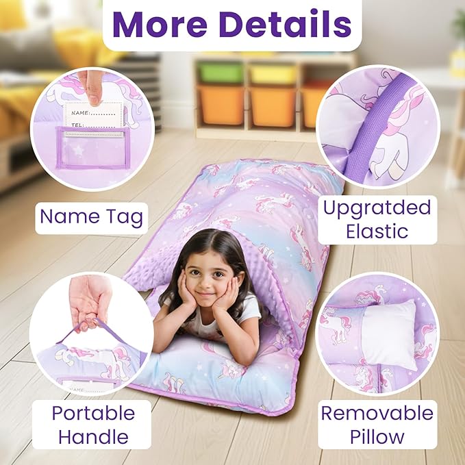 Beavtaens Toddler Nap Mat with Pillow and Minky Blanket, Large 55"x35" Sleeping Bag, Washable, Lightweight, Easy to Roll, Perfect for Preschool, Daycare, Kindergarten, Travel, Boys and Girls