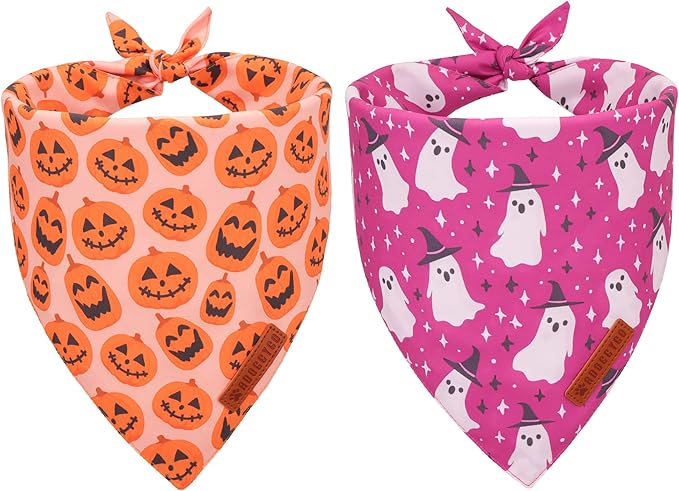 ADOGGYGO Halloween Dog Bandana, Pumpkin Ghost Pet Scarf, Premium Durable Fabric, Adjustable Fit Halloween Bandanas for Small Dogs Pets (Small)