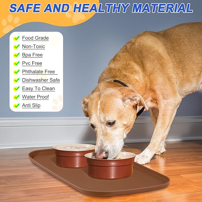 SMILOOL Silicone Pet Feeding Mat with Raised Edge for Food and Water, Dog Bowl Mats, Cat Bowls Placemat with High Lip for Floor Waterproof, Rubber Tray for Cats and Dogs 22 x 14 x0.8 Brown