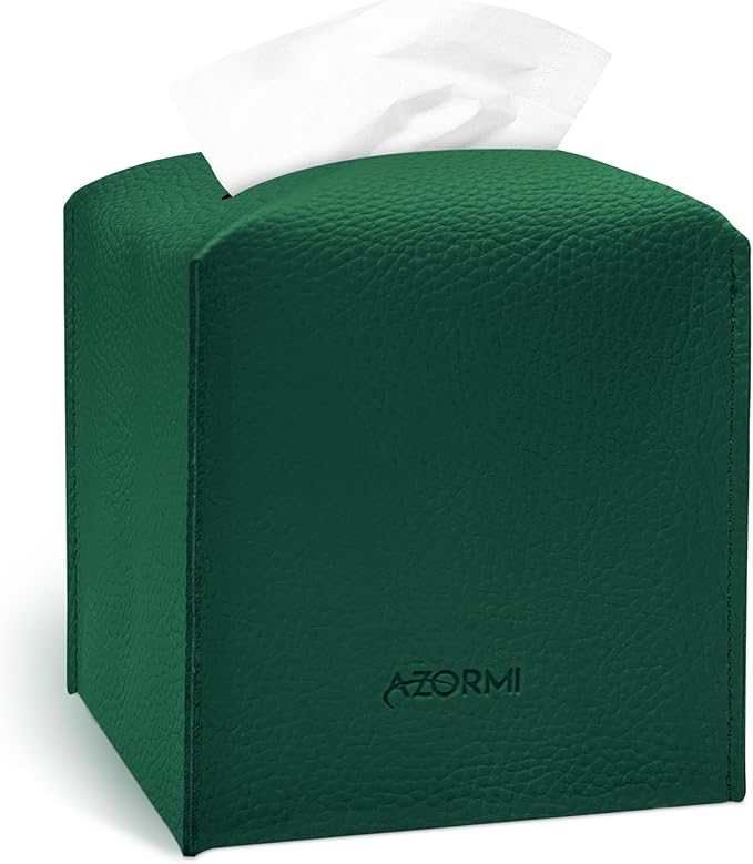 Tissue Box Cover Holder, PU Leather Tissue Box Cover Square with Bottom Belt, Cube Tissue Holder for Bathroom, Modern Organizer for Car, Office, Tabletop (Green., 14 Leather Patterns)