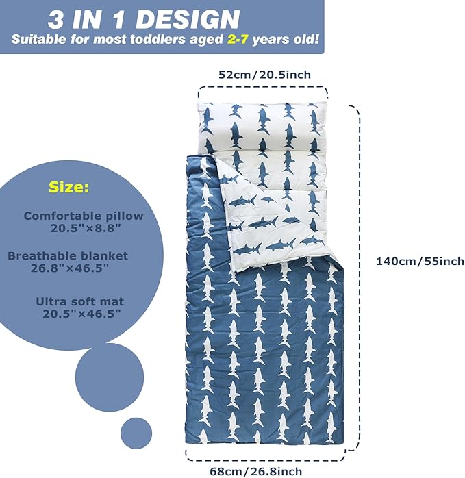 Hi Sprout Toddlers Nap Mat with Removable Pillow and Soft Blanket, Lightweight Daycare Preschool Kindergarten Sleeping Bag, Travel Slumber for Kids Girls Boys