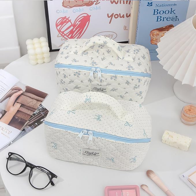 HiTotes Travel Makeup Bag Coquette Floral Cosmetic Bag Quilted Wide Open Lay Flat Toiletry Bag Cute Travel Makeup Pouch